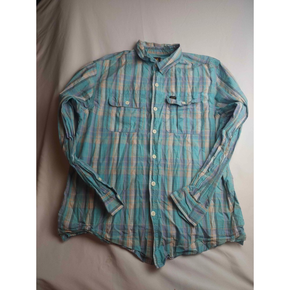 Lee Mens Plaid Button Down Shirt Large Teal Blue Cotton Long Sleeve